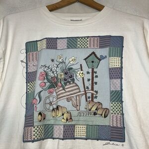 Vintage Grandma Flower Garden Patchwork Quilt Style White T-Shirt Size XL Cotton